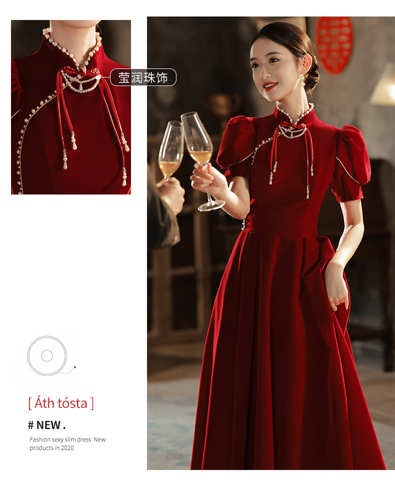 Toast Dress Bride 2024 New Chinese Style High-Grade Red Velvet Engagement Wedding Dress Women's Long Sleeve Spring