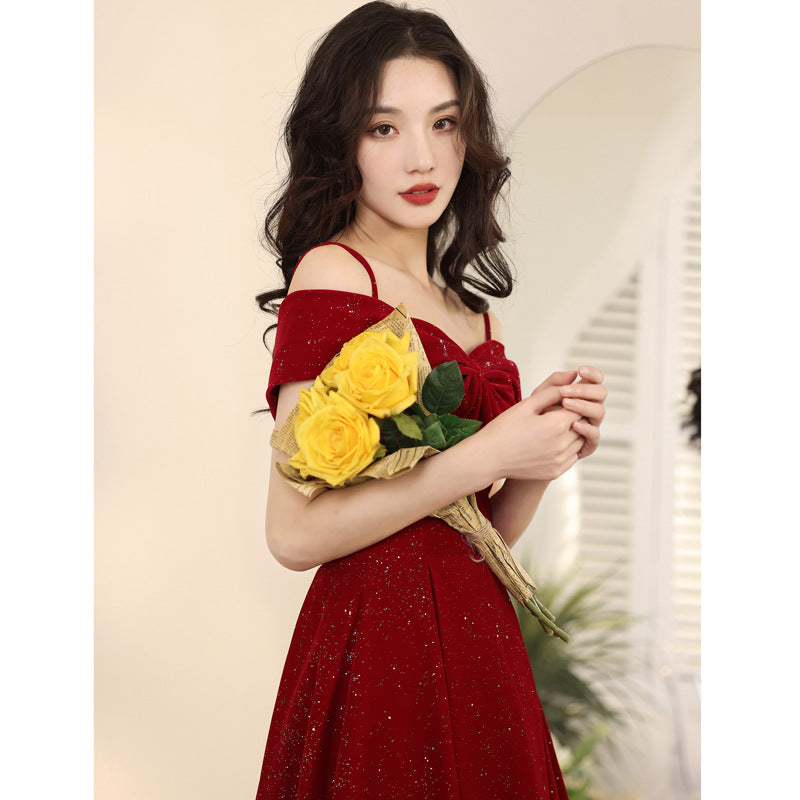 Elegant Dress Women's off Shoulder Spaghetti Straps Mid-Length Bow Evening Dress Red Satin H82092