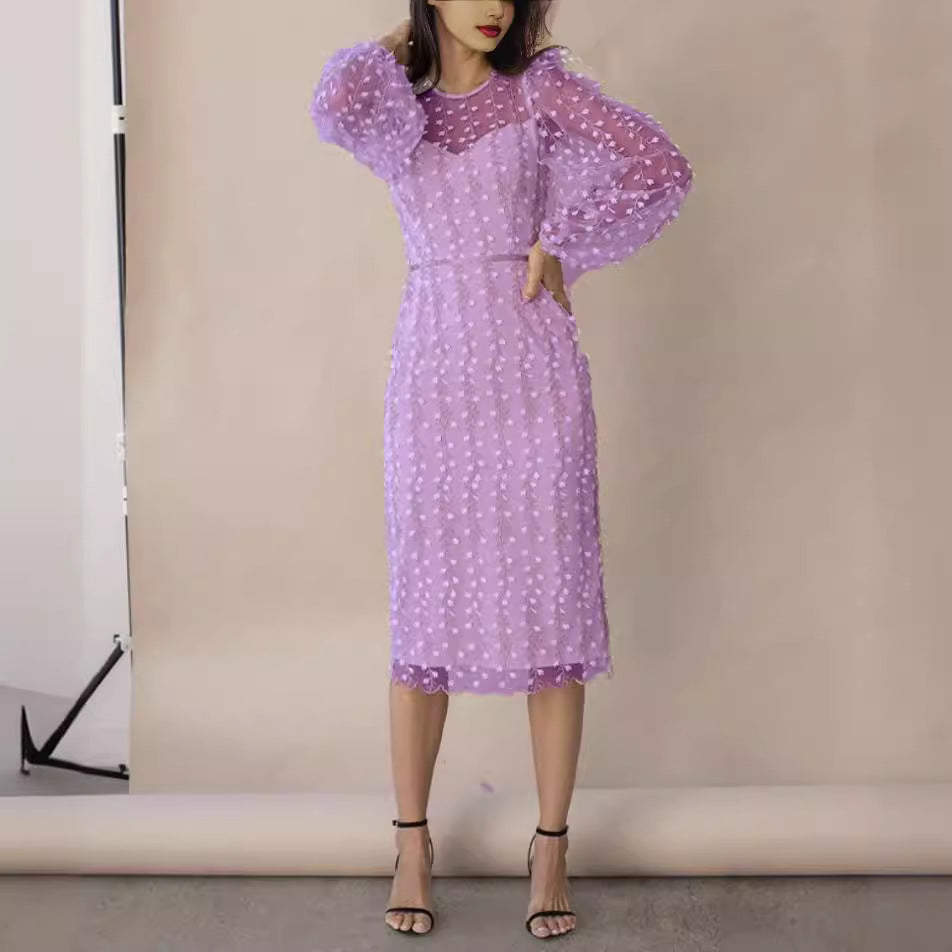 Europe and America Cross Border Independent Station Amazon New Lady Temperamental Embroidery Transparent Mesh Dress Fashion Long Skirt