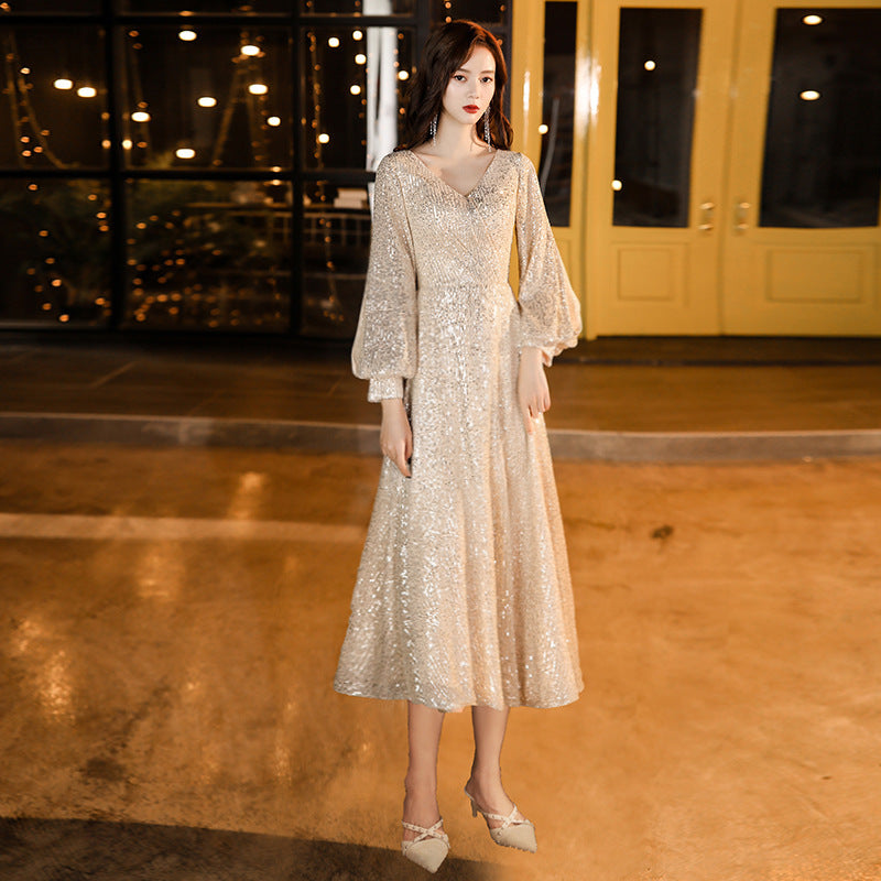 Banquet Evening Dress 2024 New Autumn Elegant Golden Socialite Dress Long Host Annual Meeting Dinner Dress