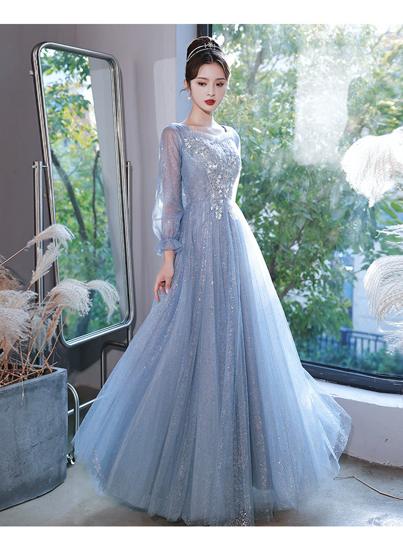 Blue Evening Dress for Women 2023 New High-Grade Banquet Temperament Long Sleeve Light Luxury Minority High-End Performance Art Exam Dress