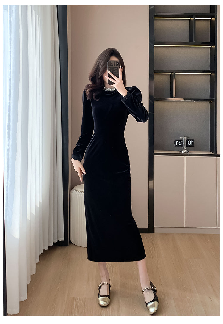 Black Dress High-End Dress Long Light Luxury Beads Rhinestones Long Sleeve Velvet Dress Autumn and Winter Annual Party Banquet Evening Wear