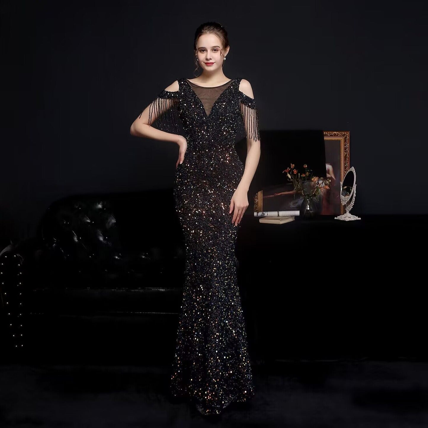 3185 Heavy Industry Evening Dress Women's New Banquet Temperament High-End Fishtail Host Socialite Light Luxury Minority High-End