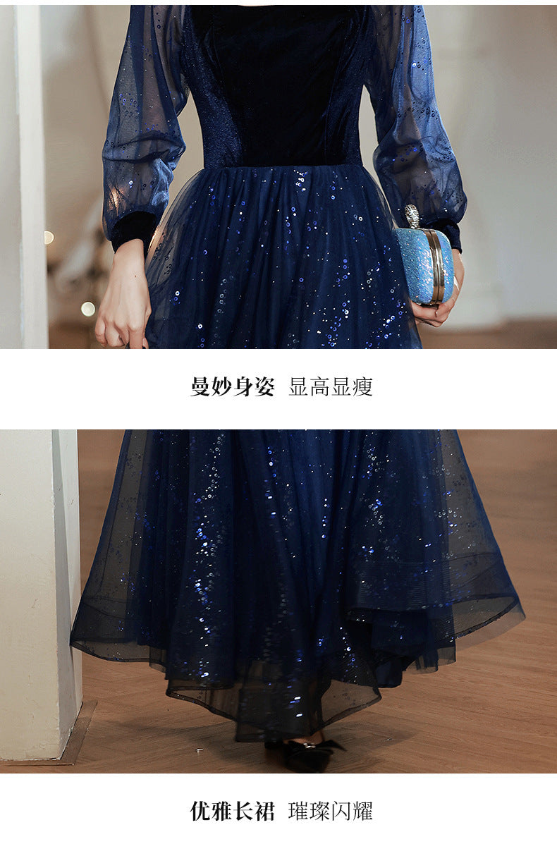 Women's Long-Sleeved Evening Dress for Banquet, High Sense High-End Affordable Luxury Niche Blue Sequined Conductor Chorus Solo Performance Costume