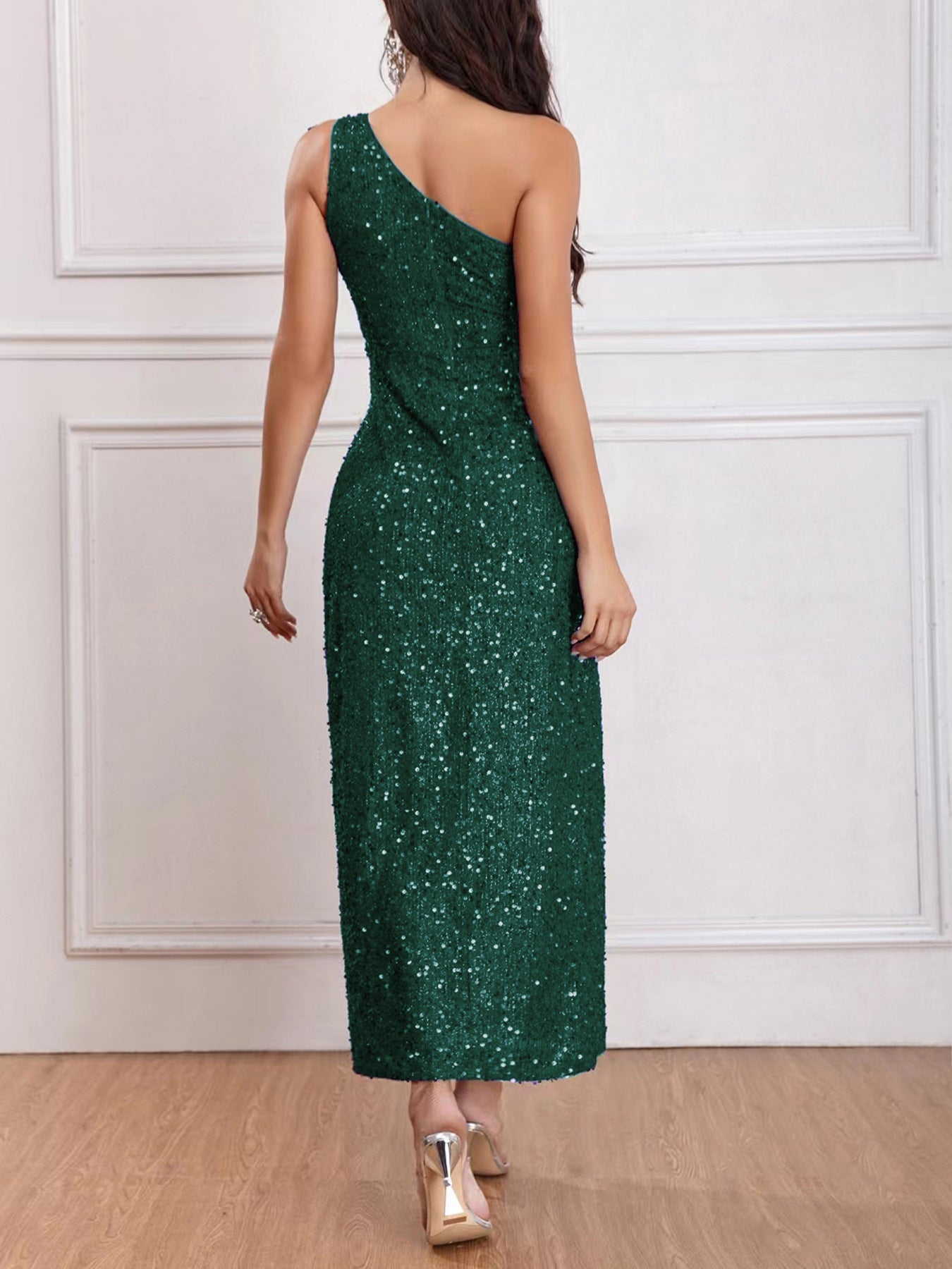 European and American Style New Women's Clothing 2024 Spring Fashionable Sequins Shoulder Sleeveless Split Dress Solid Color Foreign Trade Wholesale