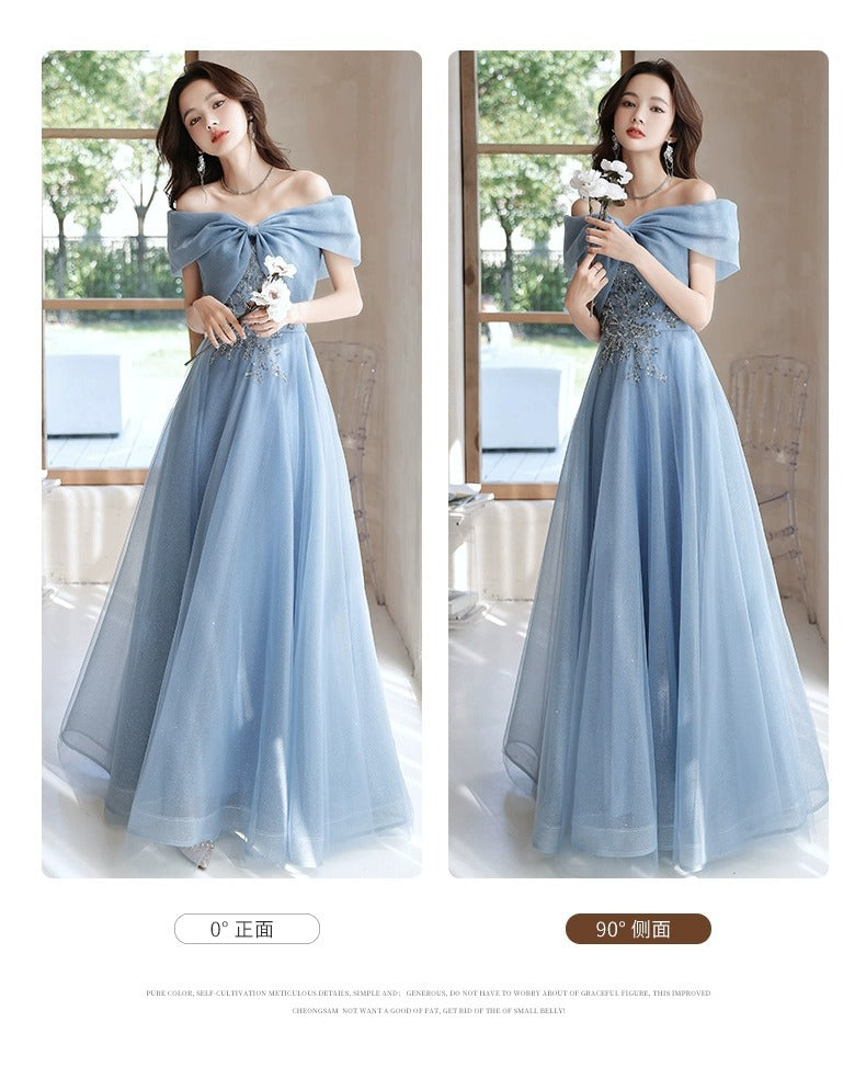 off-Shoulder Blue Evening Dress for Women Banquet Temperament French Entry Lux Niche High-End Host Art Exam Chorus Clothing