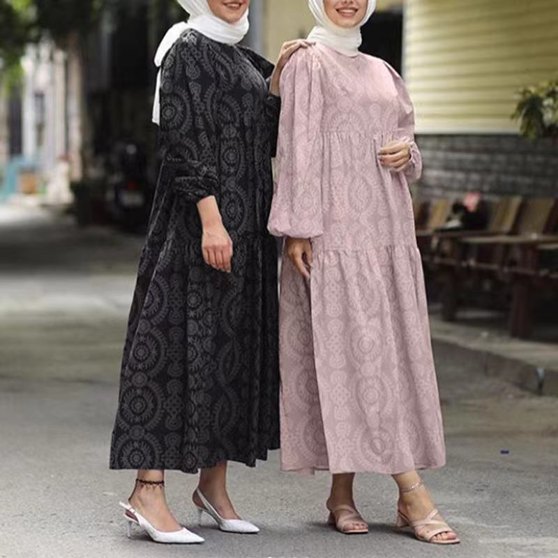 New Muslim Print Pattern round Neck Pullover Loose Casual Dress