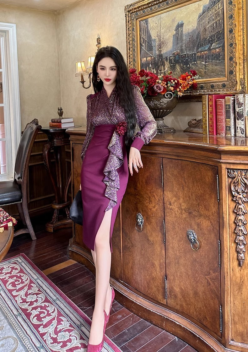 New Fall Women's Clothing Slim Fit Slimming Long Sleeves Dress Elegant High Sense Light Luxury Minority Red Engagement Dress