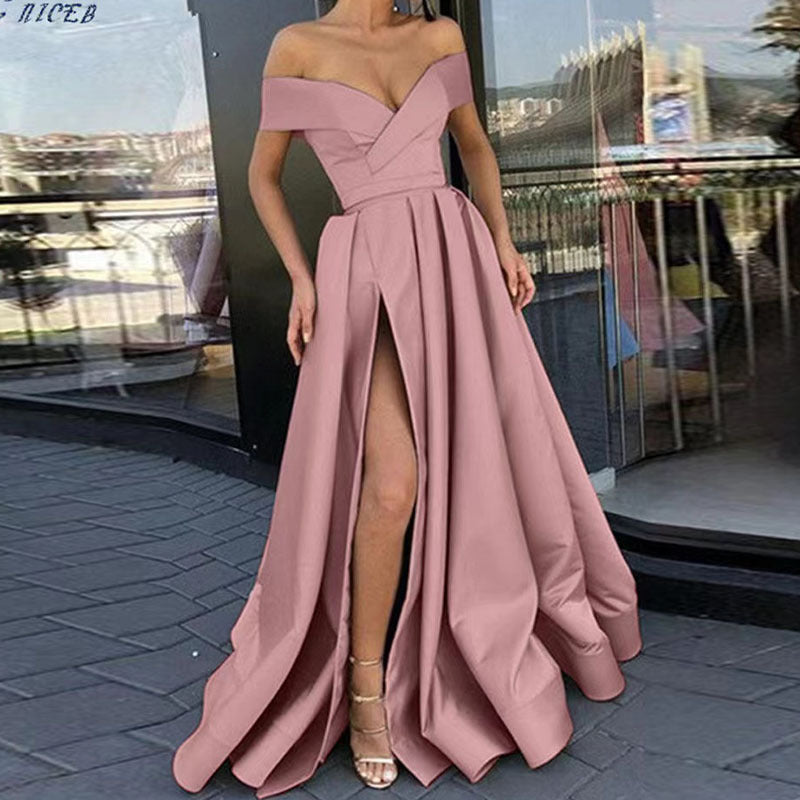 Party Dress satin black red off shoulder dinner dresses gala gown Women's European and American Style 2023 Cross-Border New Arrival Sexy Deep V Solid Color High-End Satin Banquet Evening Dress