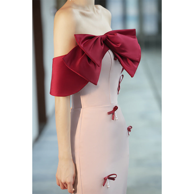 Dinner Dress Party Dresses Gala Pink Red Satin Flower Fishtail Off Shoulder Gown Women'S Bridal Midi Dress H28309