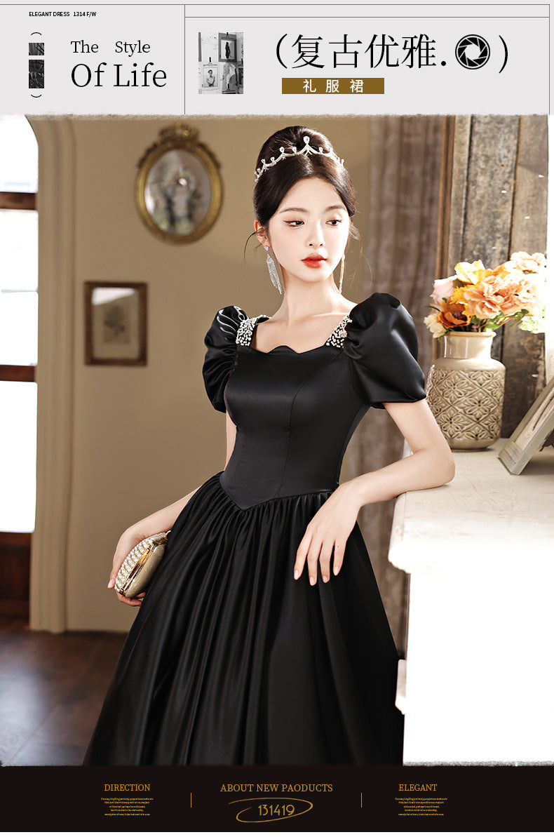 Black Evening Dress Women's Satin High Sense High-End Affordable Luxury Niche Banquet Adult Ceremony Temperament Host Art Test