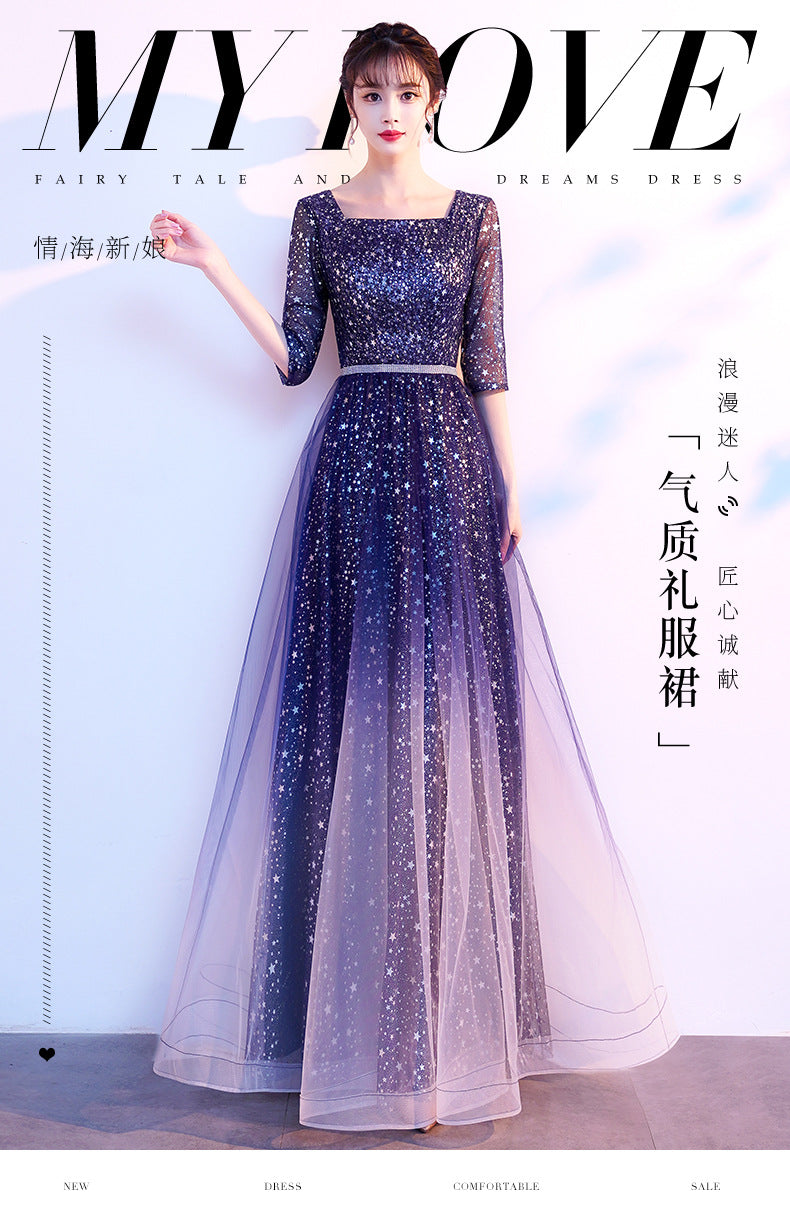 Starry Evening Dress Female Banquet Temperament Daily Style Square Collar Host Chorus Costume Summer Student