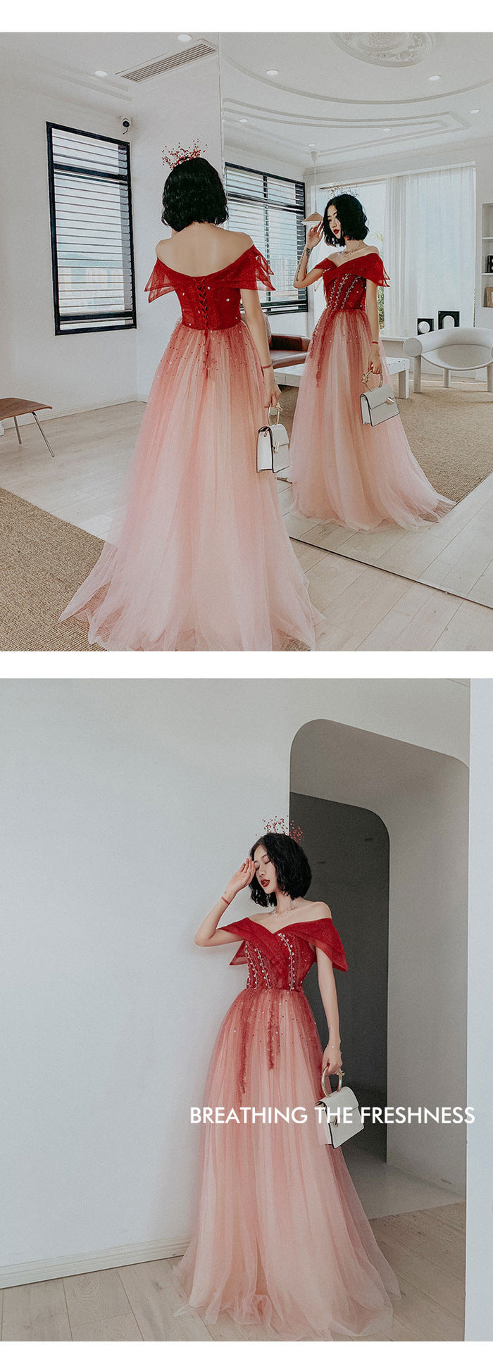 off-Shoulder Slimming Gradient Red Toast Dress 2024 New Bride Banquet Annual Meeting Wedding Party Dress Wholesale