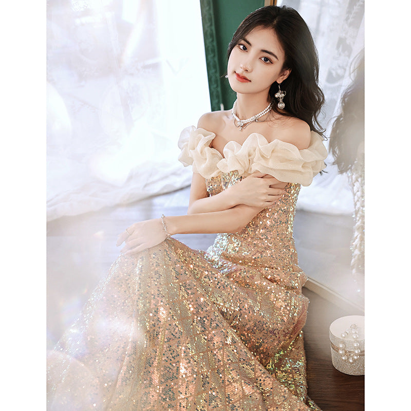 off-Shoulder Sequined Evening Dress for Women 2024 New Host Annual Meeting Bel Canto Solo Vocal Music Art Test Champagne Gold