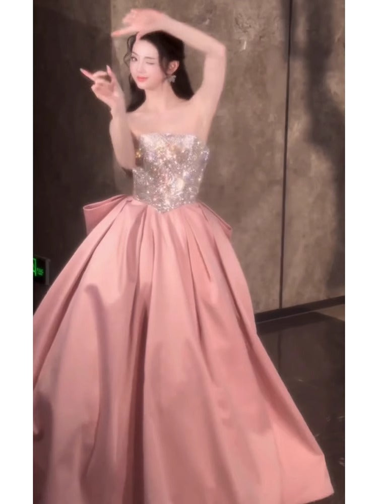 Pink Evening Dress for Women 2024 New High-Grade Tube Top Banquet Temperament Host Birthday Dress 18-Year-Old Adult Ceremony