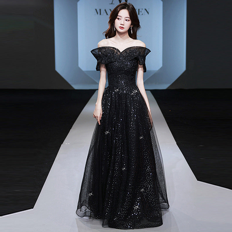 Banquet Small Evening Dress Dress Women's Sexy Charming Black Wedding Dress Birthday off-Shoulder Host Adult Ceremony