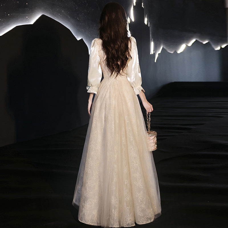 Evening Dress  Long Sleeve Champagne High-End Light Luxury Banquet Luxury Fairy Dinner h29923