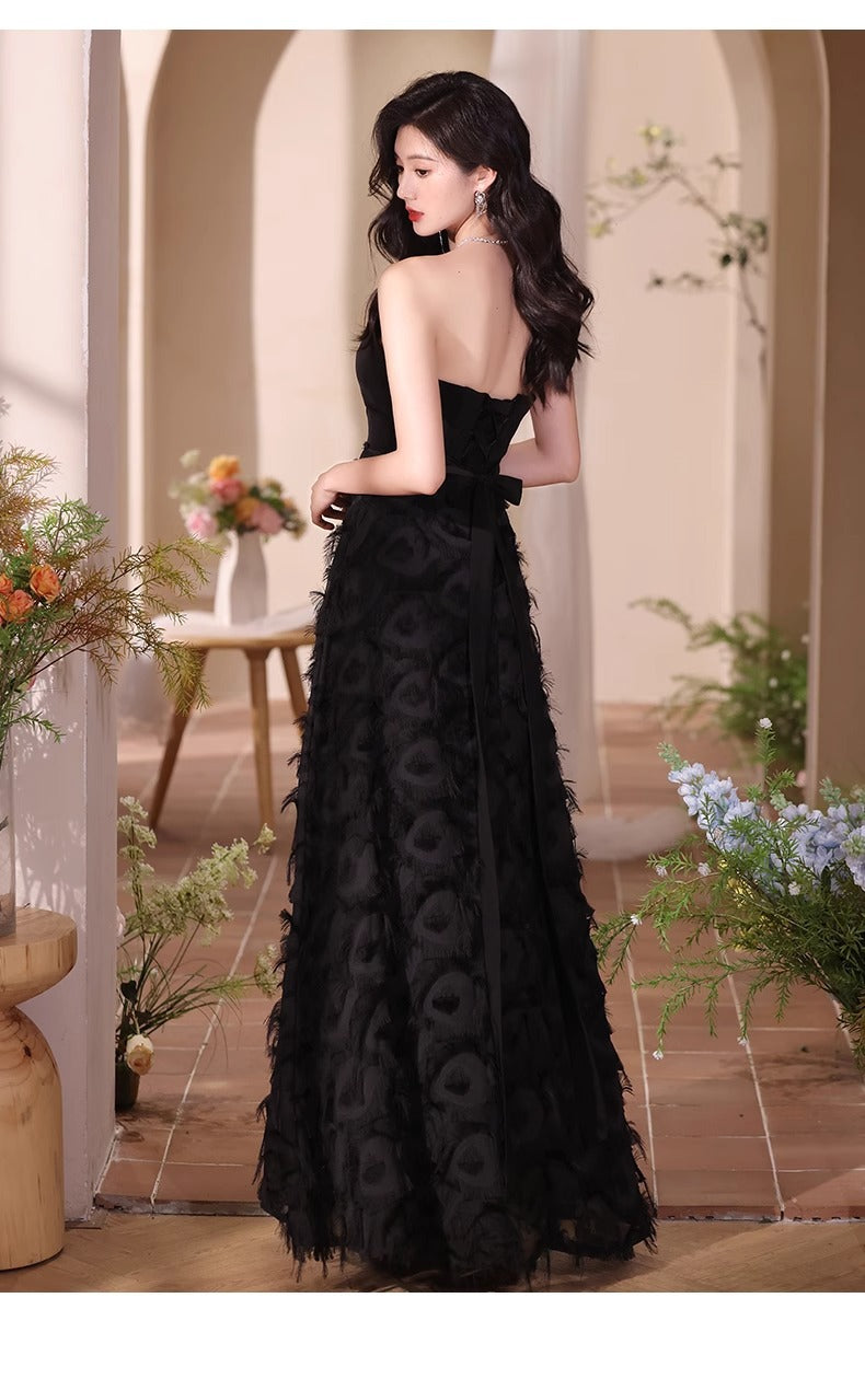 Black Tube Top Evening Dress for Women 2024 New Banquet Temperament Host Long Dress Student Art Exam 18-Year-Old Dress Autumn