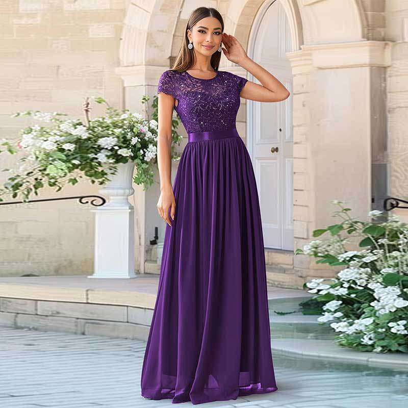 Cross-Border Amazon Fashion Banquet Dress Elegant European and American Bridesmaid Dress Wedding V-neck Short Lace Chiffon Dress