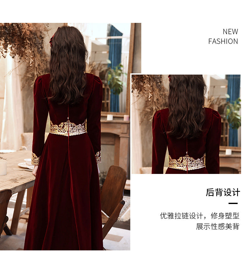 Wedding Toast Dress 2024 New Velvet Wine Red Long Bride Long Evening Dress Autumn Elegant Toast