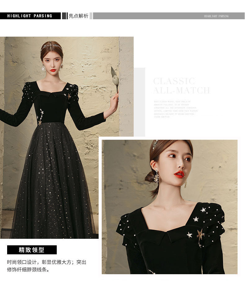 Banquet Evening Dress 2024 New Black Ladies Long Sleeves Graceful Formal Dress Host Performance Dinner Annual Meeting Gift