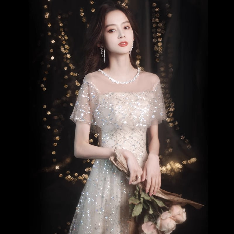 2024 New Sequined Evening Dress Women's High Sense Special Interest Light Luxury Banquet Temperament Annual Meeting Dinner Host