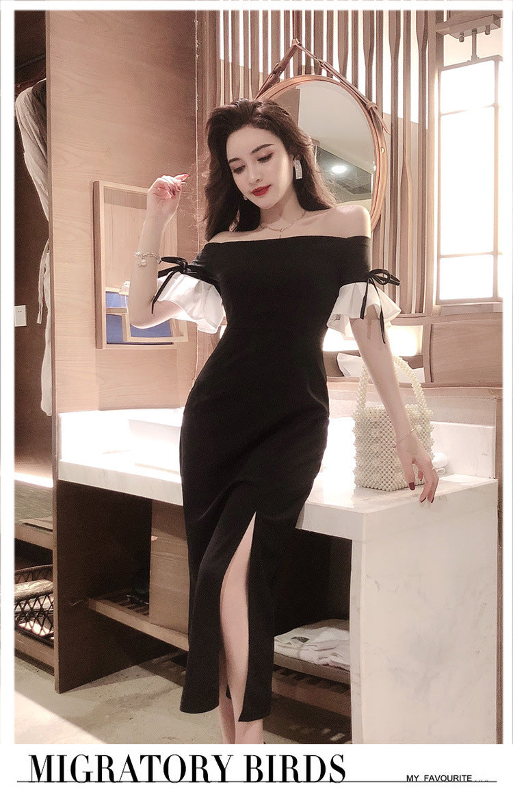 Women's off-Shoulder Black Banquet Evening Dress 2024 New Long Slim Fit Slimming Dress