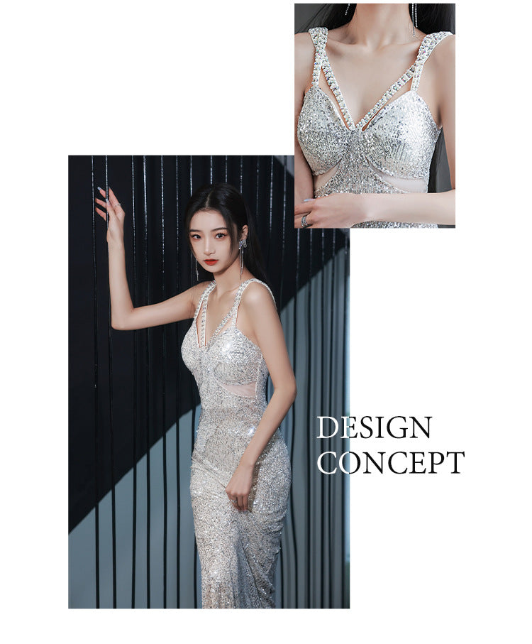 Silver Suspender Evening Dress Bridesmaid Dress Toast Dress V-neck Slimming Dress Banquet Sheath Dress Long Dress