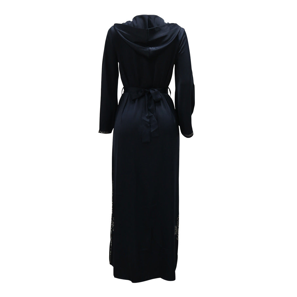 Xqy500157 Middle East Abaya Ethnic Style Dress Hooded Robe Fashion Diamond-Embedded Slits Lower Hem Dress