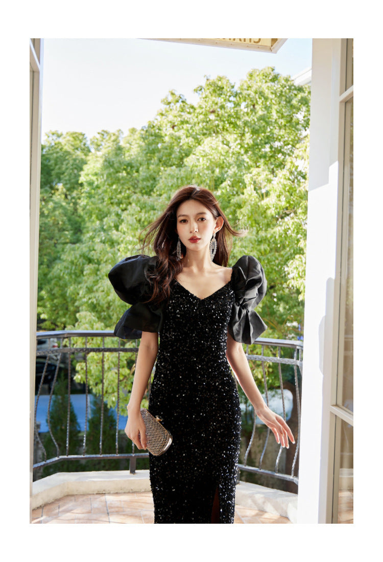 European and American Evening Dress Retro Party Exaggerated Puff Sleeve Sequined Small Dress Design Sense Slit Sheath Skirt Toast Clothing