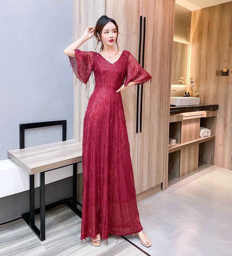 Starry Evening Dress Dignified Temperament Bride Toast Dress V-neck Flared Sleeves Sequined Tassel Slimming Long Dress Women