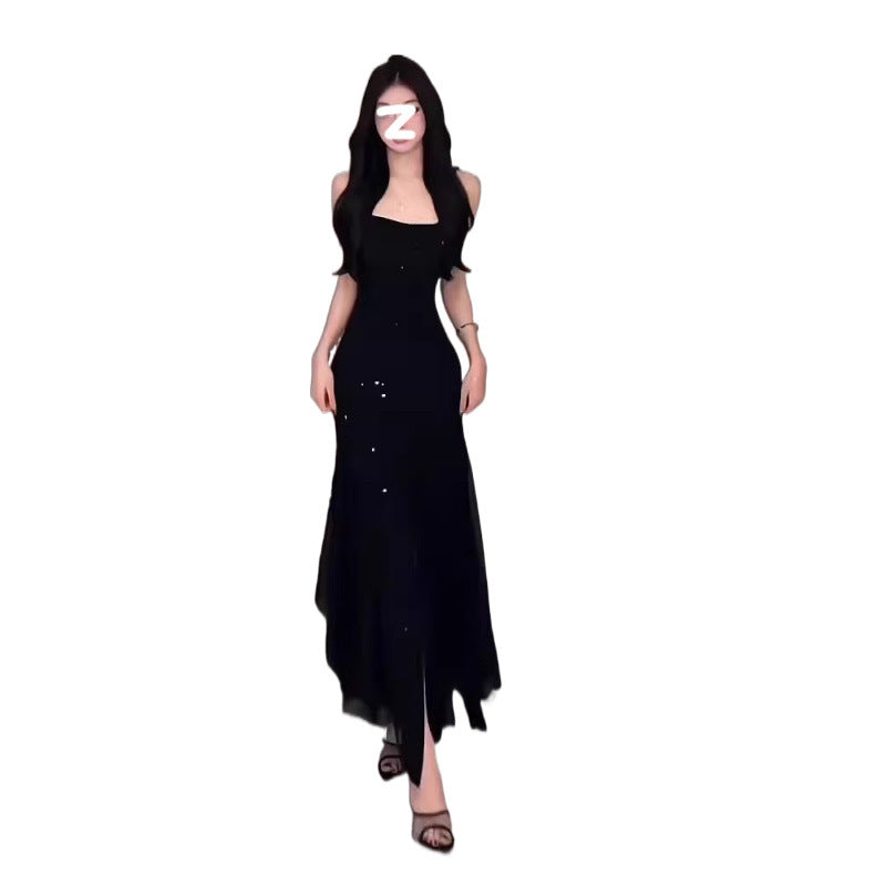 French Style Black Heavy-Duty Sling Dress Women's Summer Evening Dress Temperament Waist-Controlled Slim Fit Sexy Fishtail Long Dress