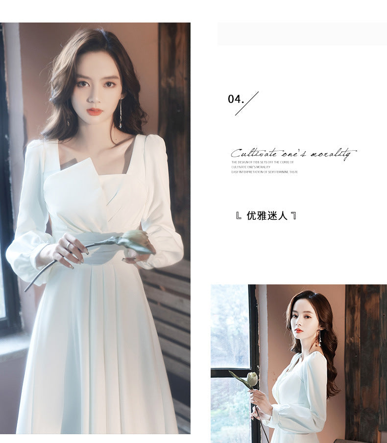 2024 Spring White Dress High-End Wedding Party Simple Graceful Square Collar Dress Spring and Autumn Women