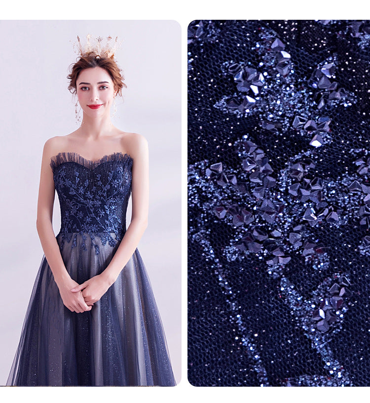 Blue Starry Wedding Dress 2024 New Dinner Long Tail Birthday Party Host Tube Top Pettiskirt