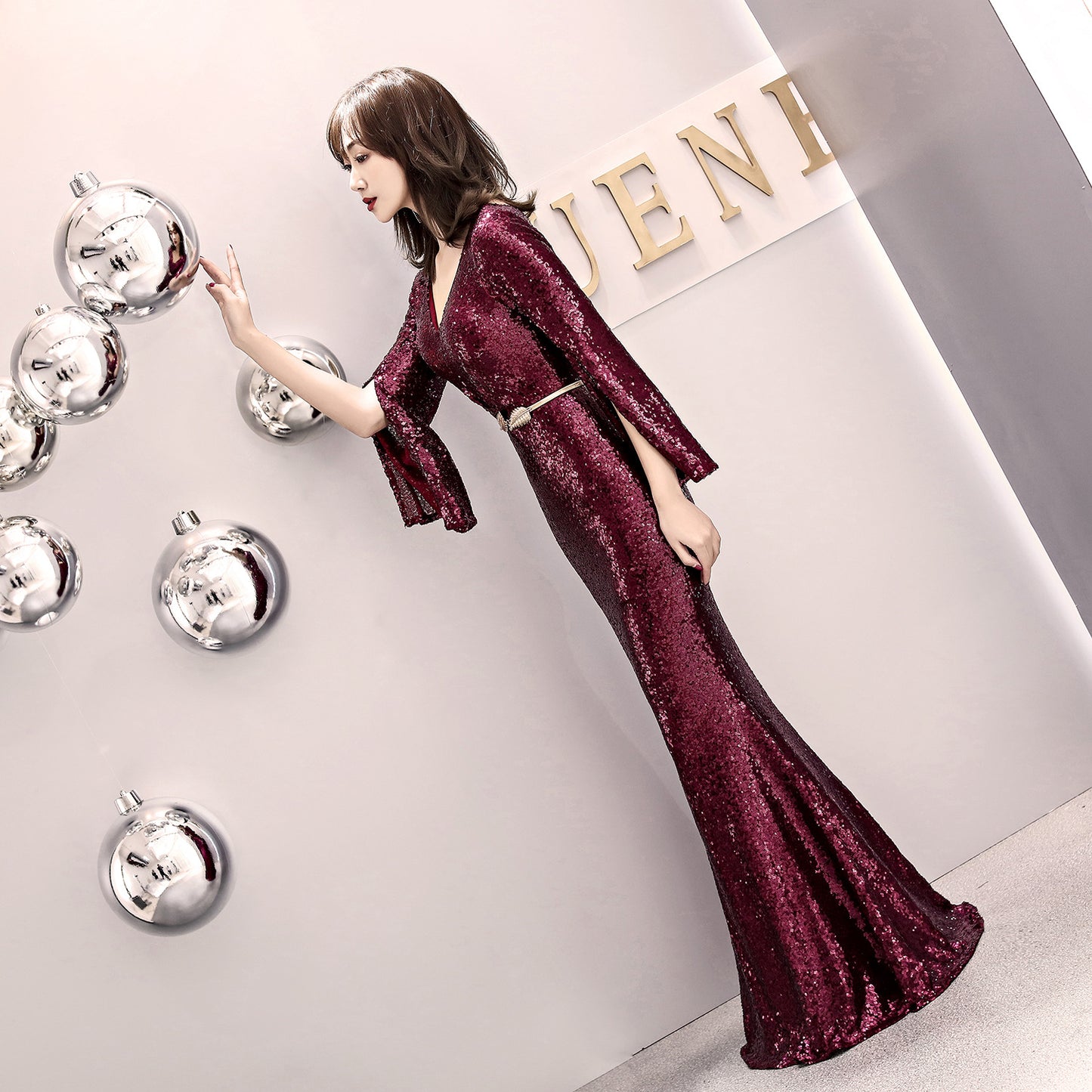 1572# Evening Gown Women's Banquet Elegant Host Sexy Slim-Fit Sequined Long Fish Tail Winter