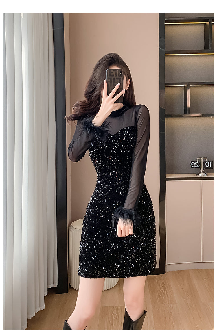 2023 Mesh Stitching Sequins Dress Women's French Entry Lux Sexy Waist Trimming Banquet Dress Sheath Black Dress