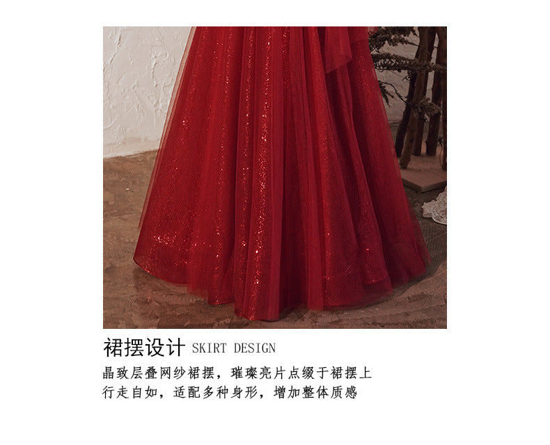 Toast Dress Bride Wine Red 2024 New Temperament Camisole Slimming Engagement Wedding Banquet Host Little Evening Dress