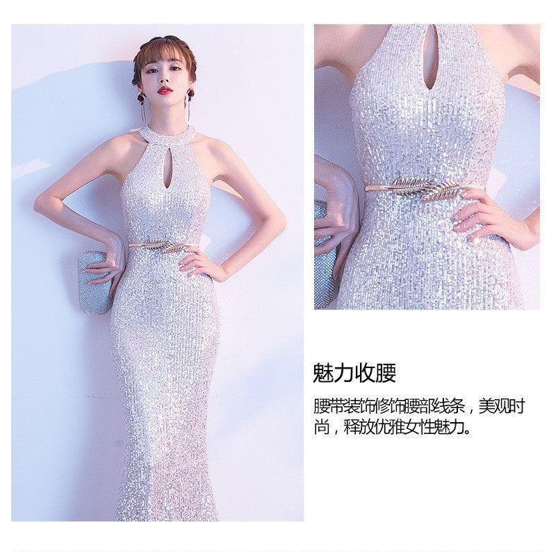 Spring and Summer Silver Evening Dress for Women 2024 New Niche Temperament Ladies Annual Meeting Host Fishtail Dress Evening Dress Wholesale