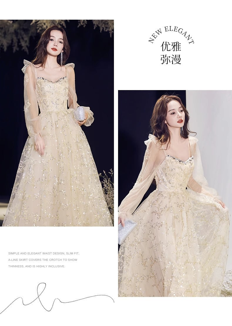 Banquet evening dress high-grade Champagne temperament host fairy dinner Annual Meeting dress long sleeve autumn women