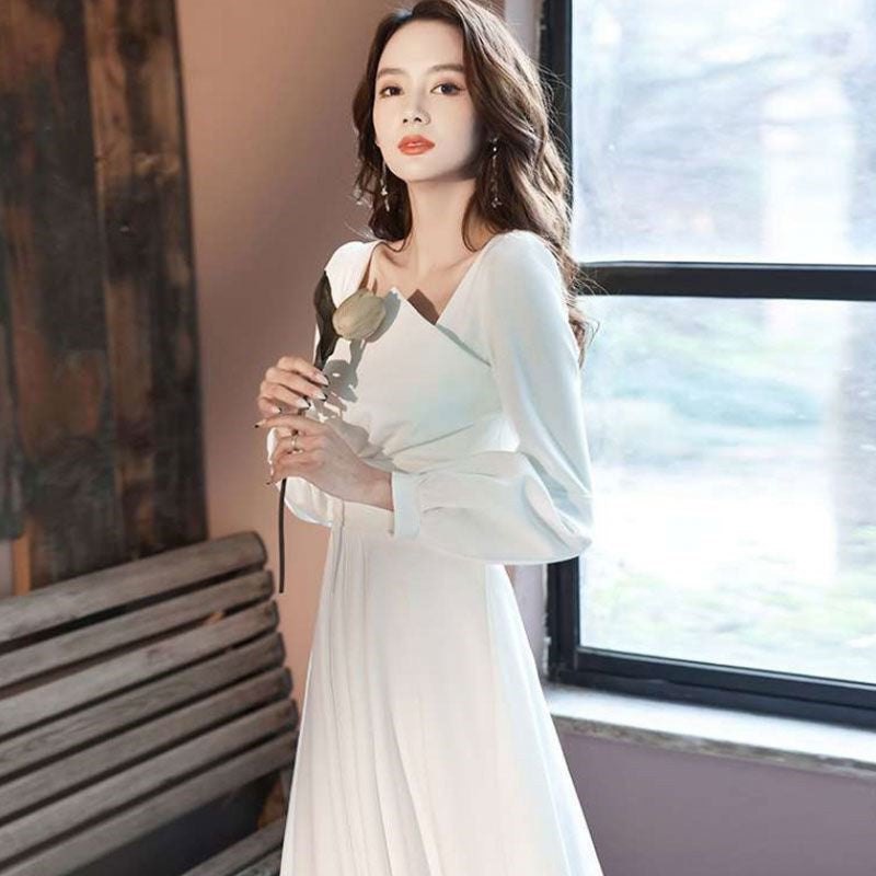 2024 Spring White Dress High-End Wedding Party Simple Graceful Square Collar Dress Spring and Autumn Women