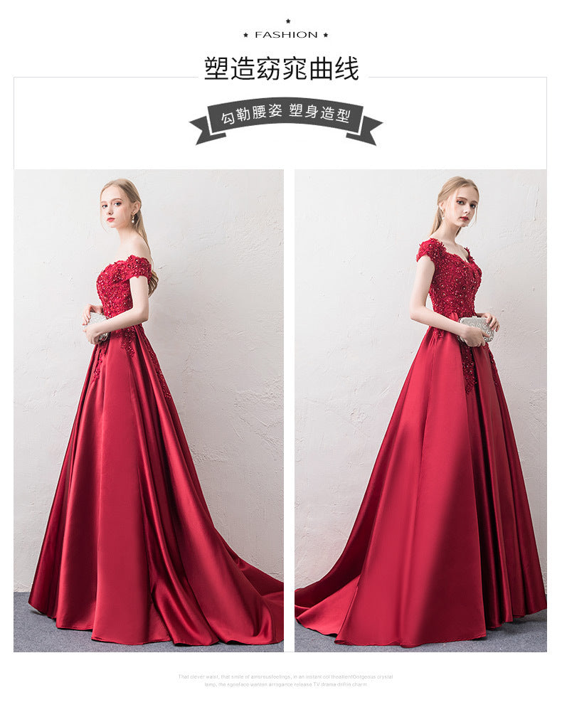 off-Shoulder Wine Red Toast Dress Bride 2024 New Marriage Engagement Wedding Family Visiting Shoes Banquet Evening Dress