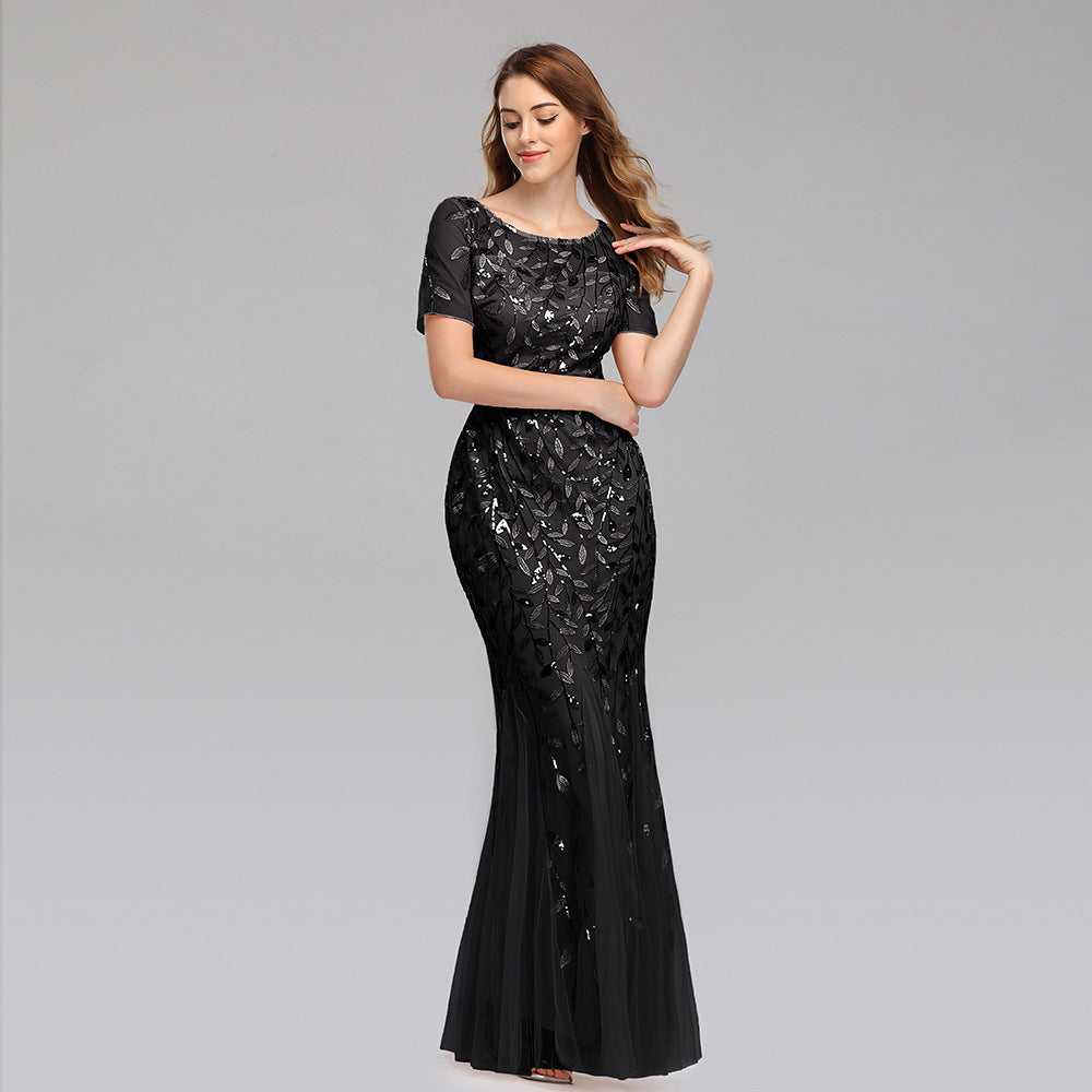 Spring and Summer Cross-Border 2024 Banquet Host European and American Slim Mesh Sequins Evening Dress Fishtail Dress Women