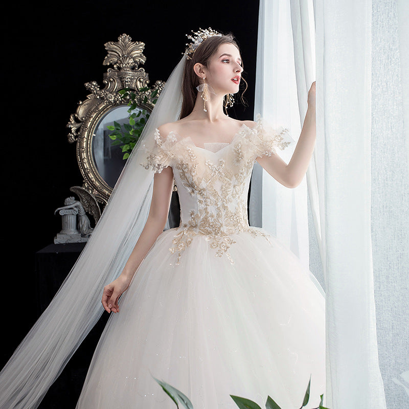 Wedding Dress Bridal New French Style Floor-Length Simple Forest Style Slimming Off-Shoulder Studio Light Wedding Dress H25