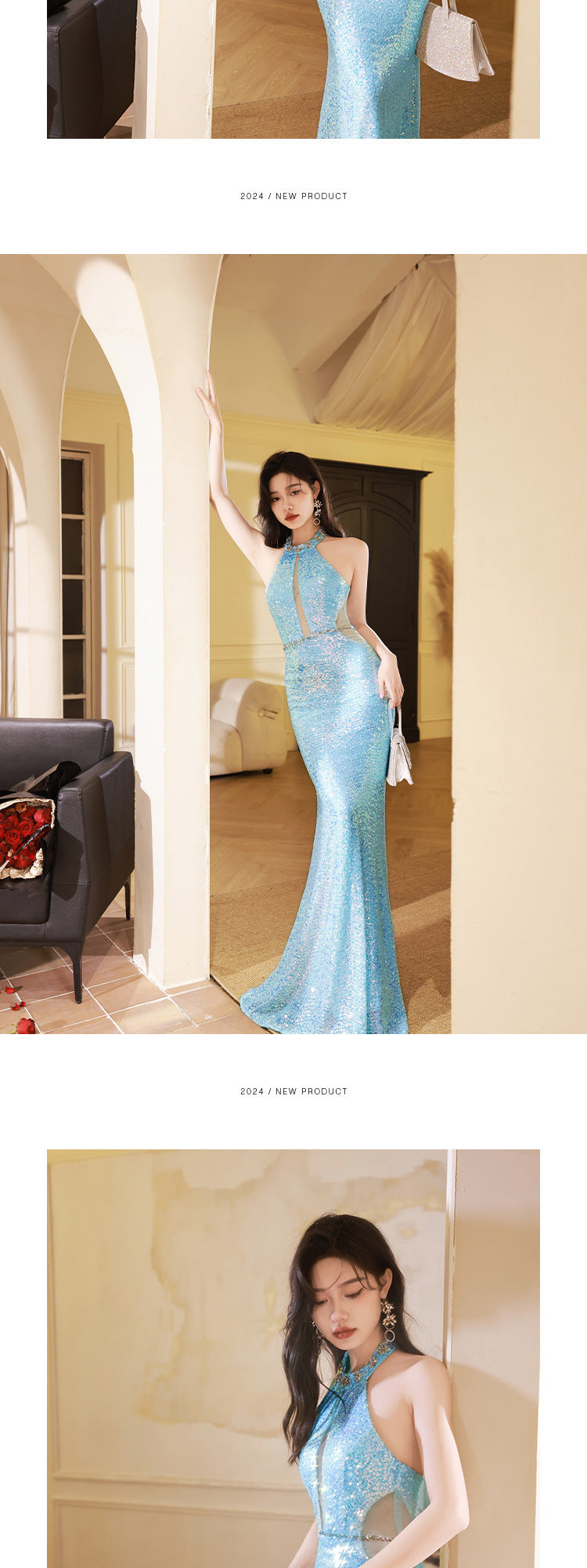 Super Fairy Mermaid Evening Dress Toast Dress Women's Performance Halter off-Shoulder Dress Host Dress Fashion Temperament