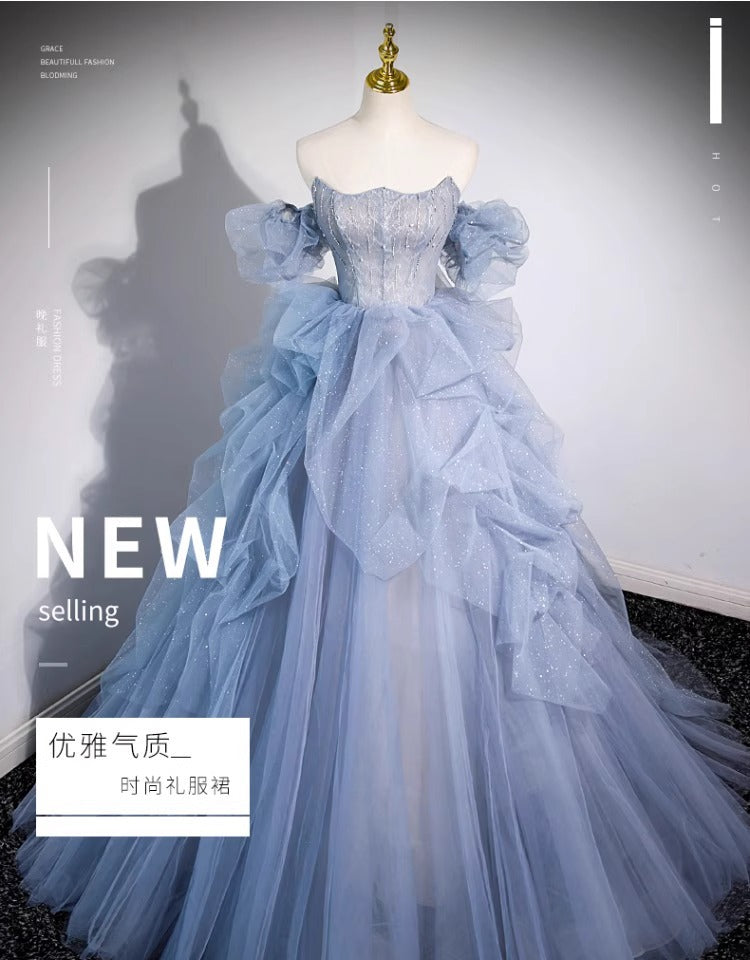 off-Shoulder Evening Dress Haze Blue Piano Performance Adult Ceremony Wedding Dress Bel Canto Solo Blue Gauze Skirt Art Test H2839