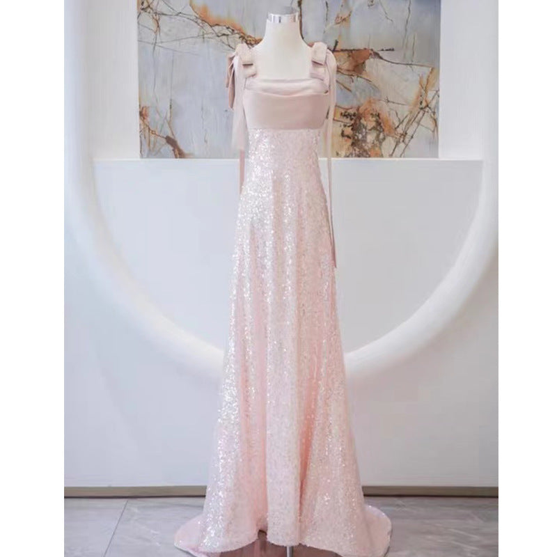 Pink Evening Dress Women's Sequined Mopping Sleeveless Niche Banquet Temperament Socialite Host Annual Party Evening Dress