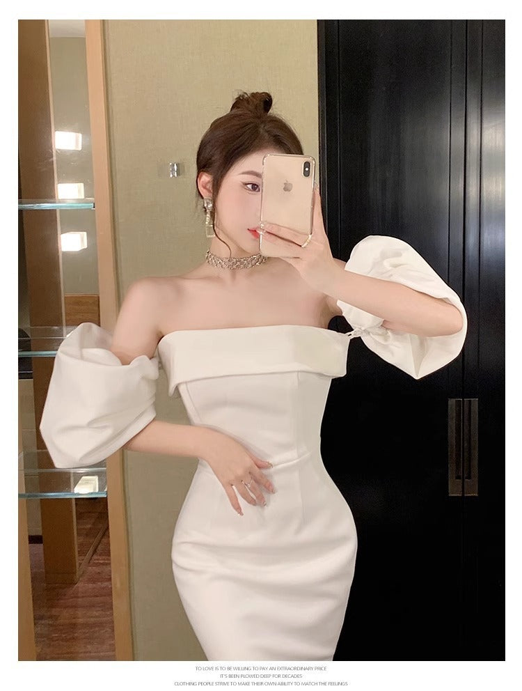 Sexy White off-Shoulder Dress Women's 2024 Spring and Summer New High-End Sense Temperament Banquet Light Dress Women's Fashion