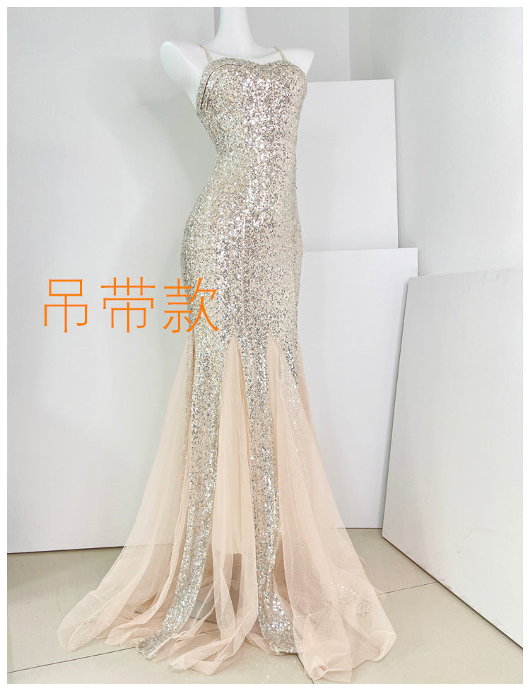 Mermaid Banquet Evening Dress 2024 New High-Grade Fine Glitter Dress Mesh Fishtail Dress Small Dress