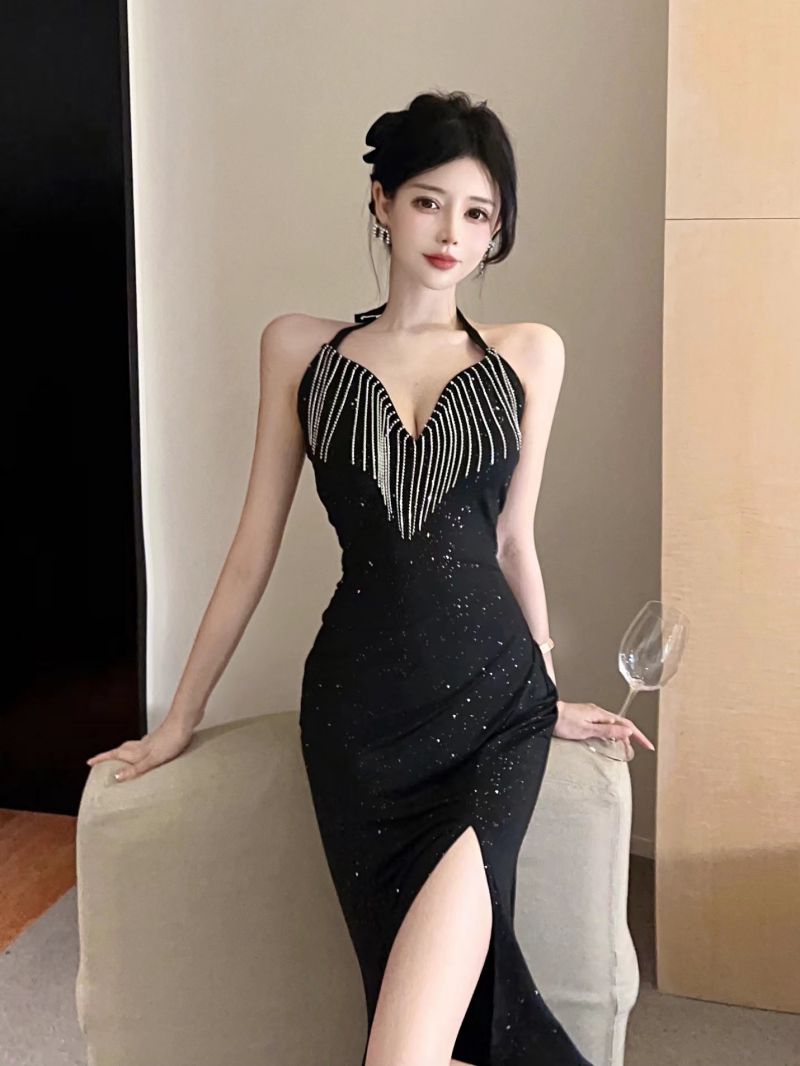 28654 Europe and America Southeast Asia Foreign Trade Wholesale 2024 Women's Clothing Socialite Heavy Industry Dress High Waist Slit Dress