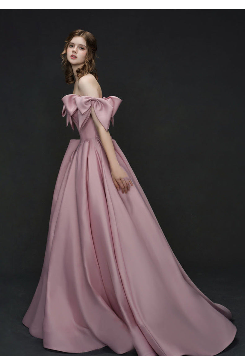 Pink Satin Annual Party Dress Women's 2024 New Banquet Host High-End Engagement Dress Toast Dress Bride